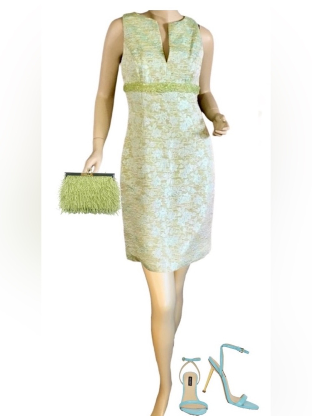 CARMEN MARC VALVO GREEN & AQUA BROCADE BEADED SHEATH DRESS (M)